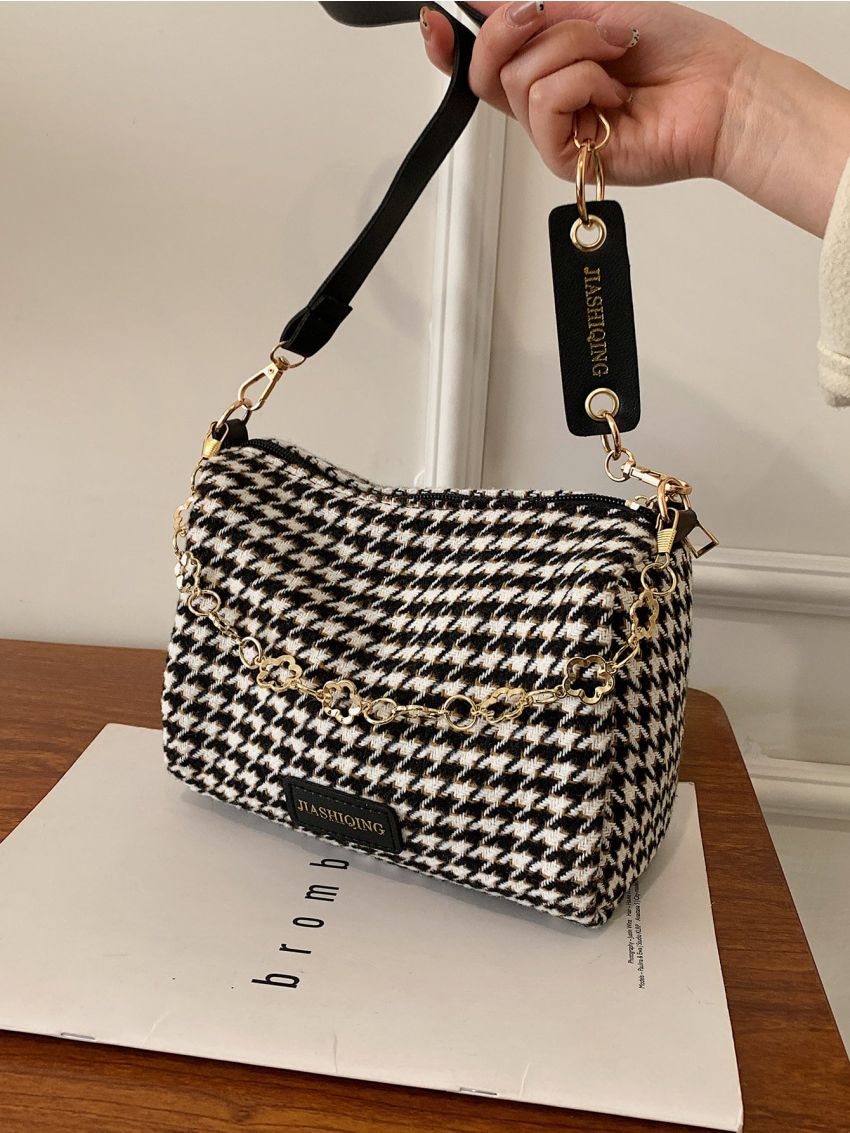 Houndstooth Pattern Chain Boston Bag