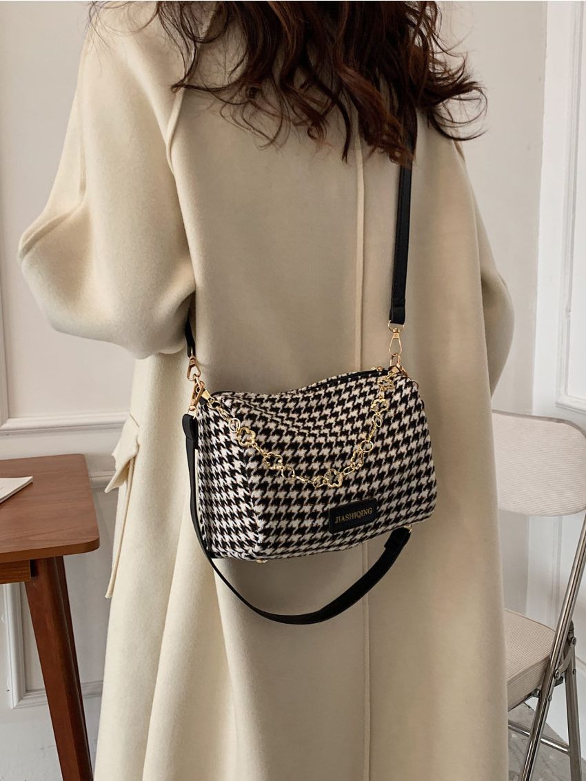 Houndstooth Pattern Chain Boston Bag