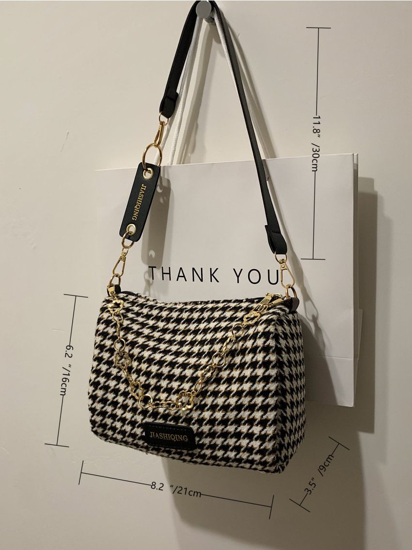 Houndstooth Pattern Chain Boston Bag