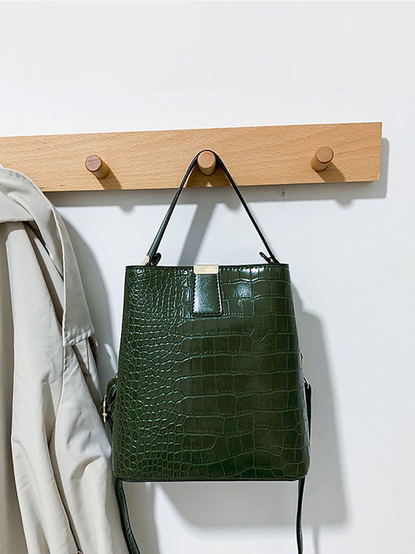 Mini Crocodile Embossed Top Handle Bucket Bag