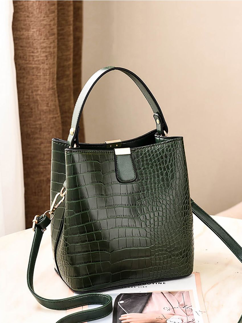 Mini Crocodile Embossed Top Handle Bucket Bag