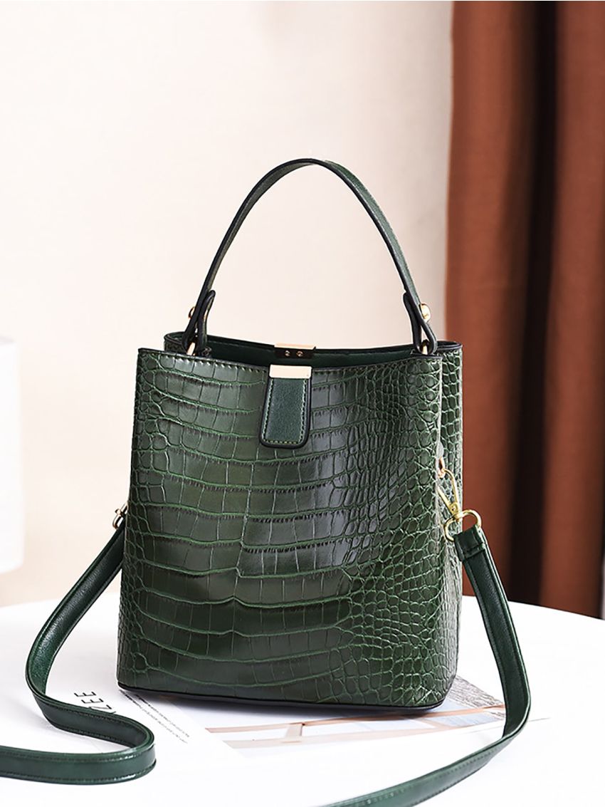 Mini Crocodile Embossed Top Handle Bucket Bag