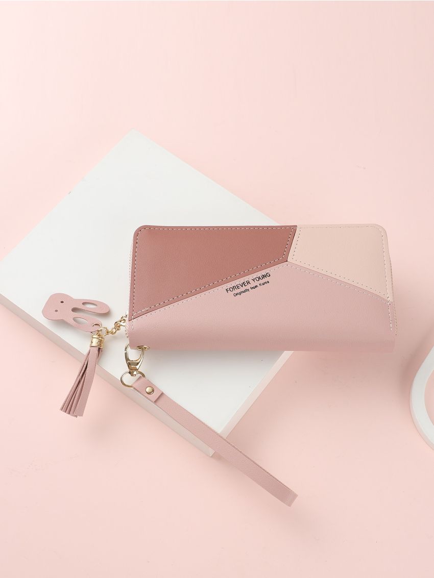 Tassel Decor Colorblock Long Wallet