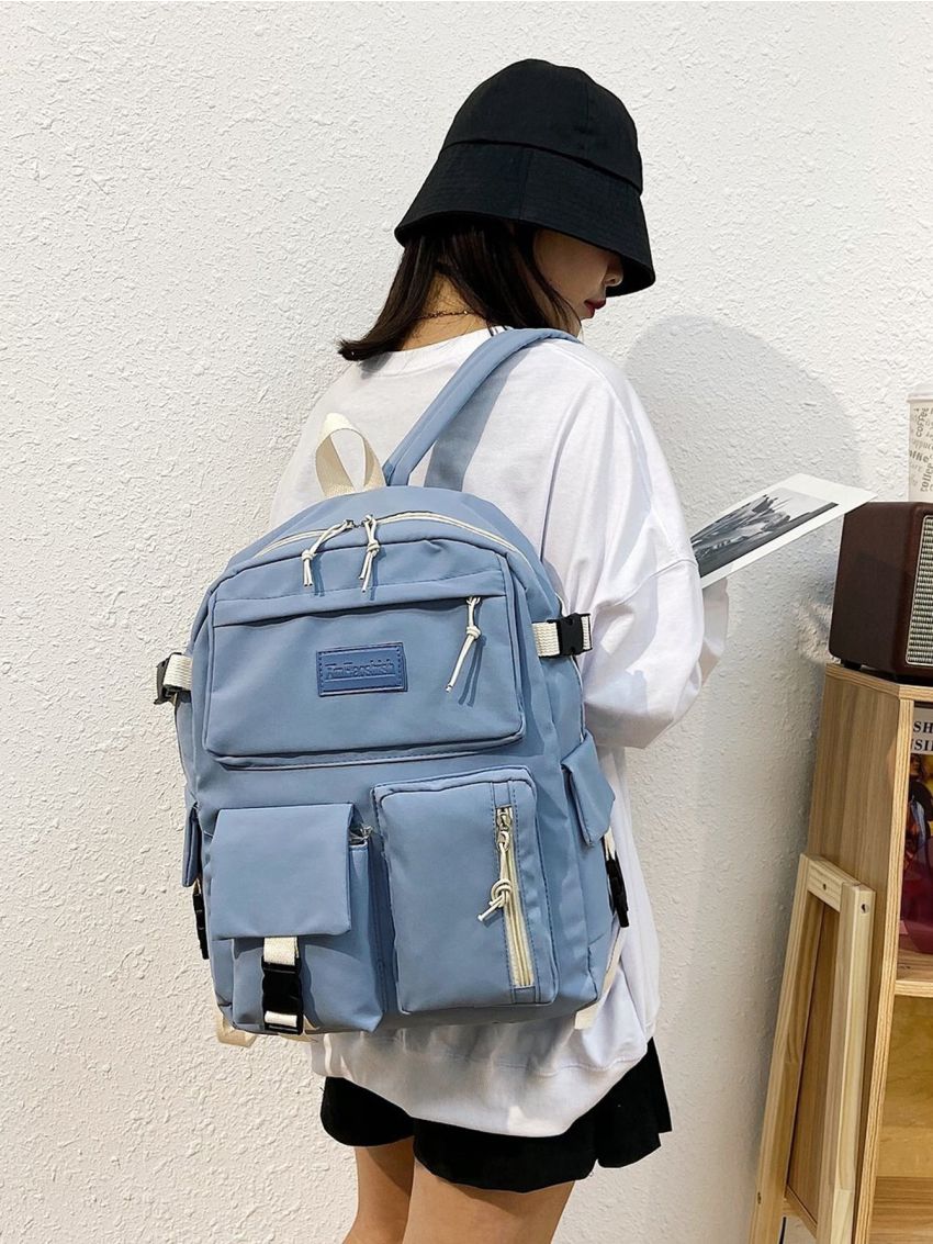 Letter Patch Buckle Decor Large Capacity Functional Backpack