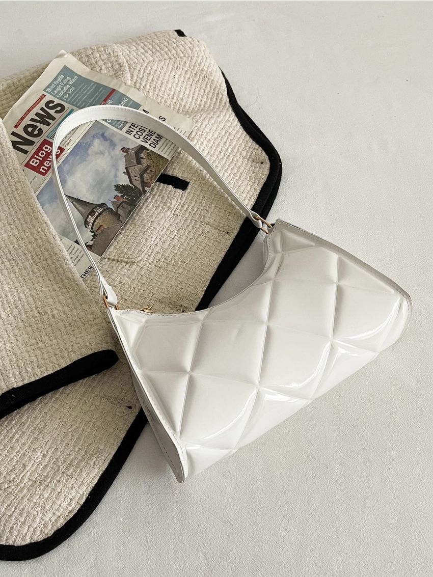Artificial Patent Leather Quilted Baguette Bag