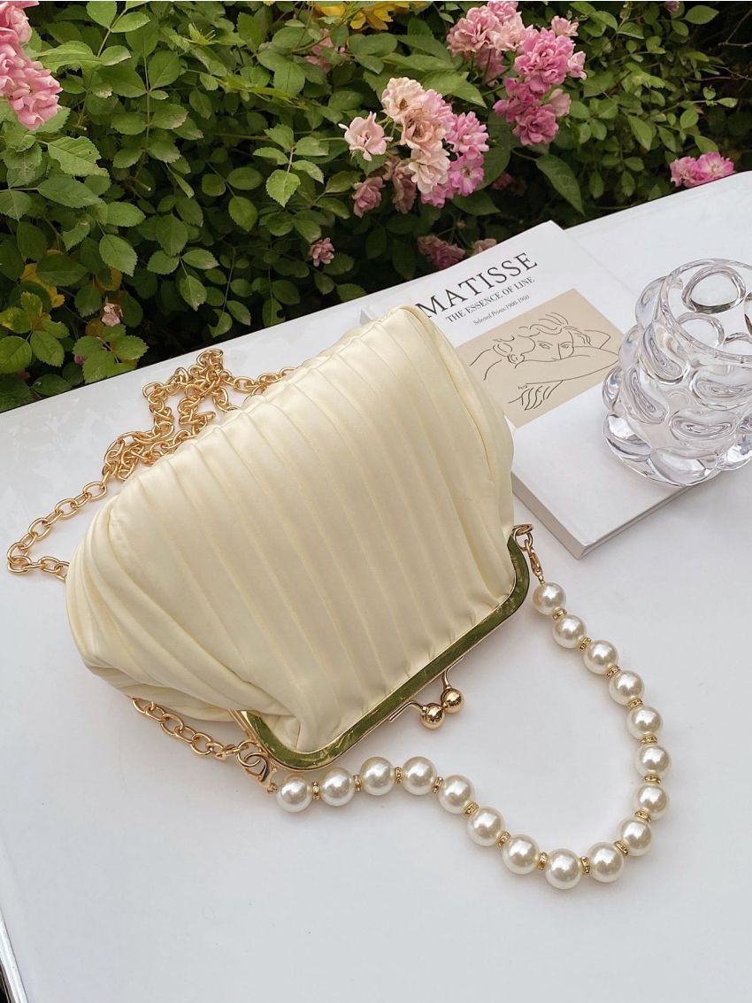 Faux Pearl Decor Ruched Bag