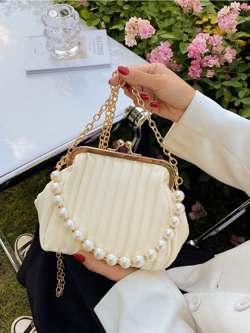 Faux Pearl Decor Ruched Bag