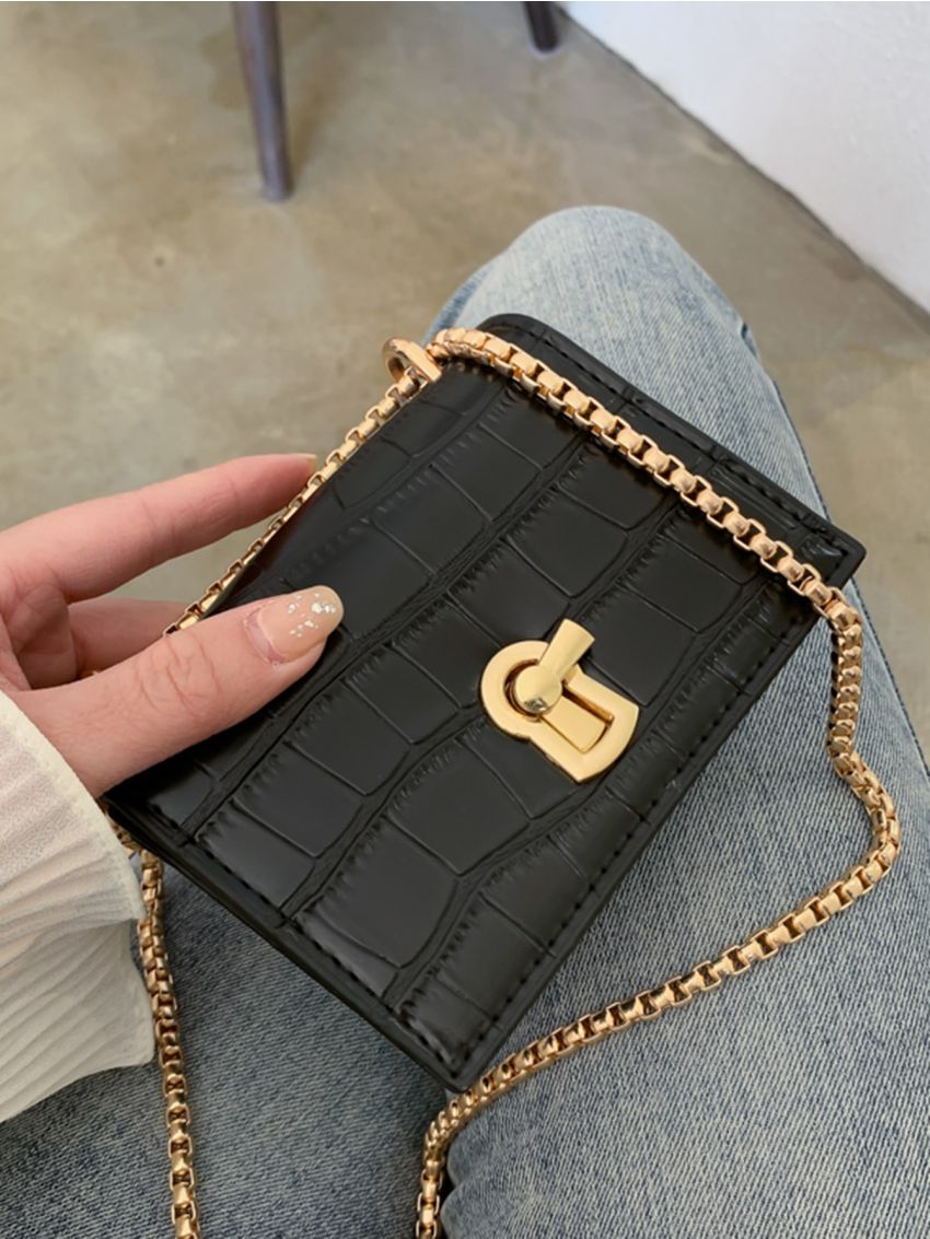 Mini Crocodile Embossed Turn-lock Square Bag