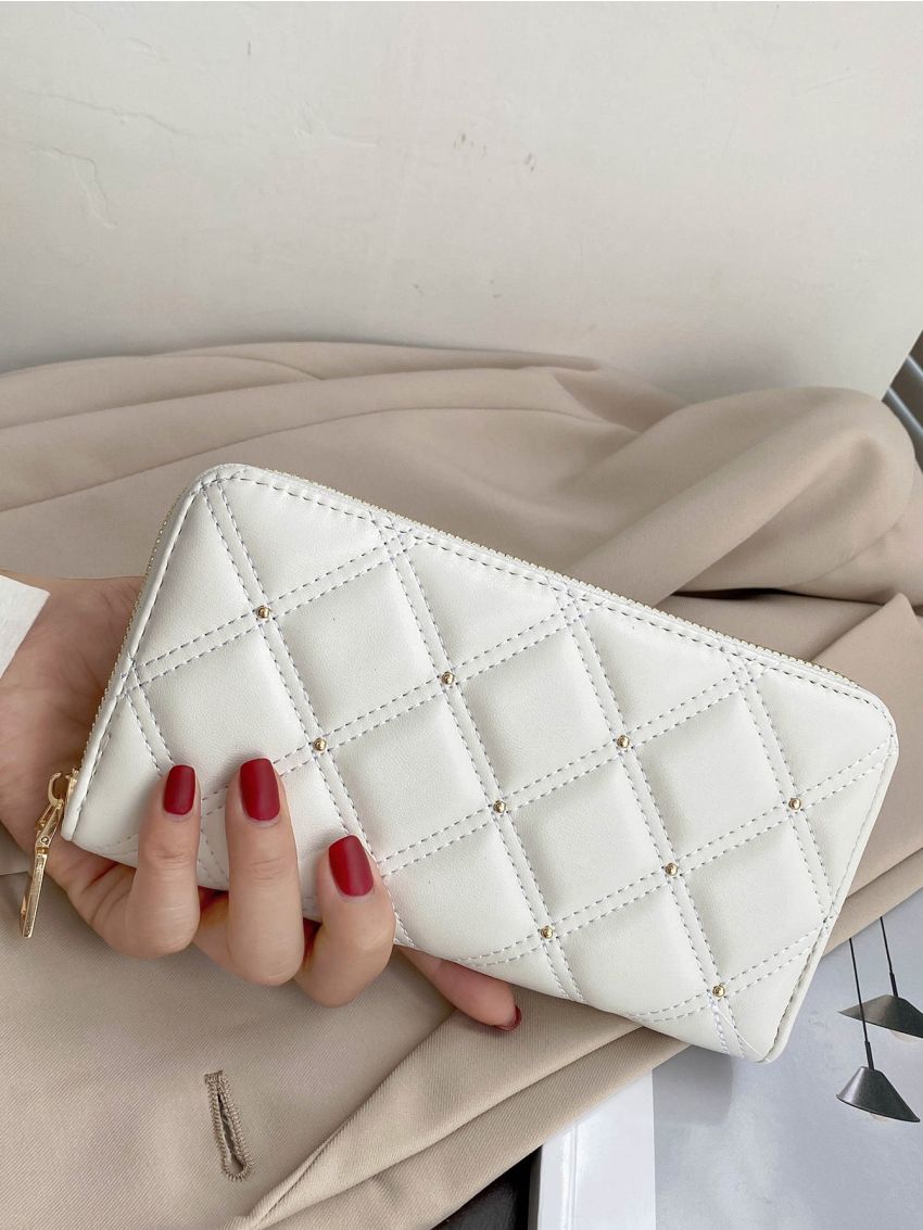 Quilted Embossed Studded Detail Long Wallet