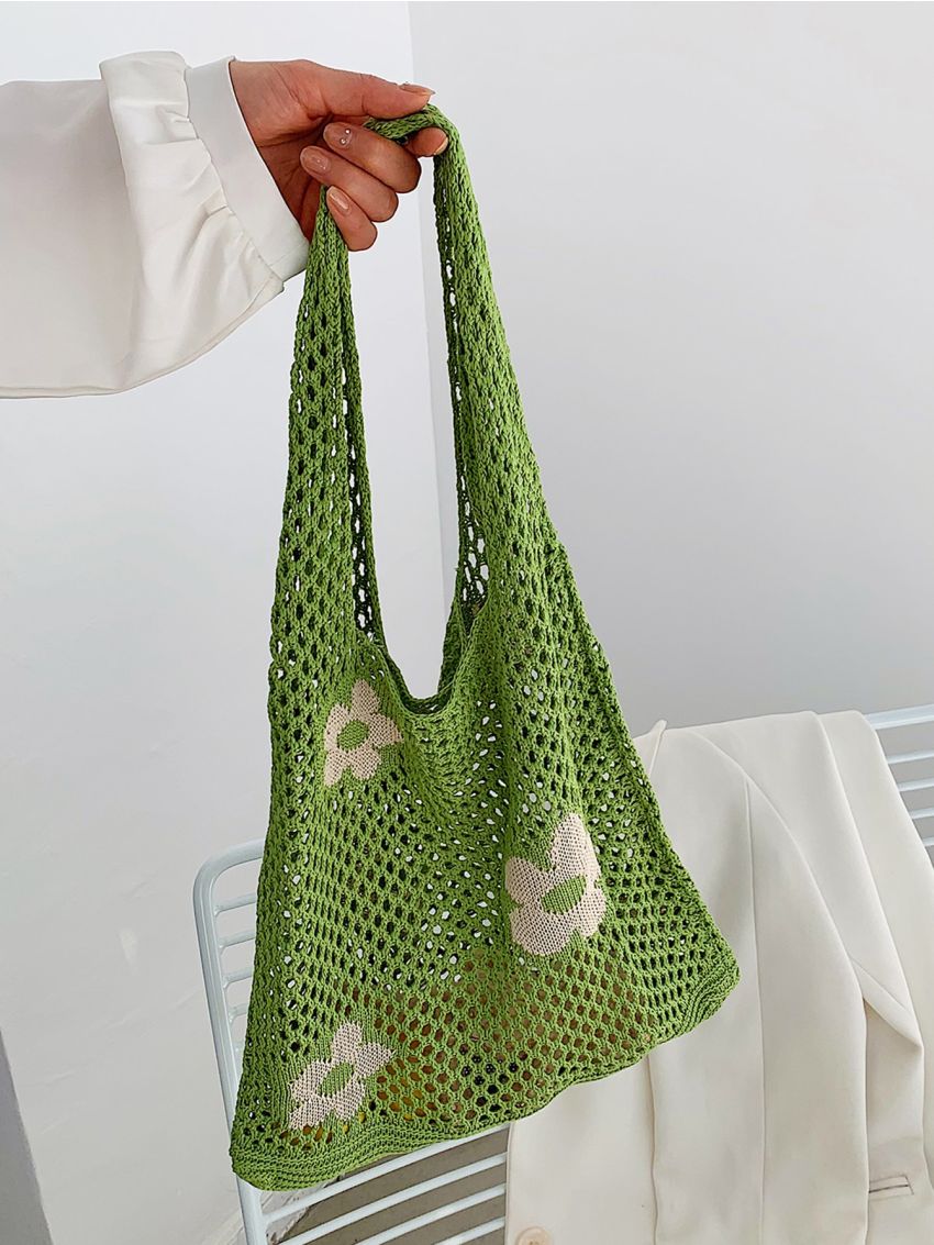 Flower Print Crochet Shopper Bag