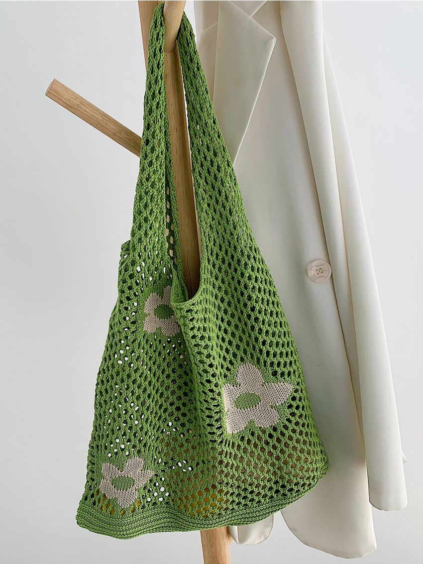 Flower Print Crochet Shopper Bag