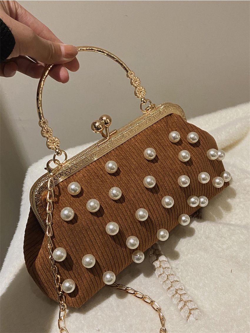 Faux Pearl Decor Kiss Lock Satchel Bag