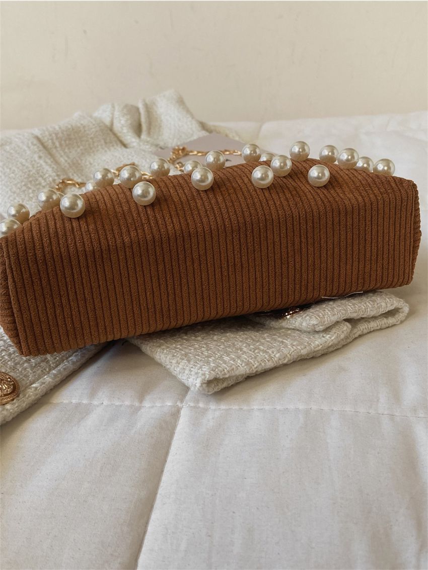 Faux Pearl Decor Kiss Lock Satchel Bag