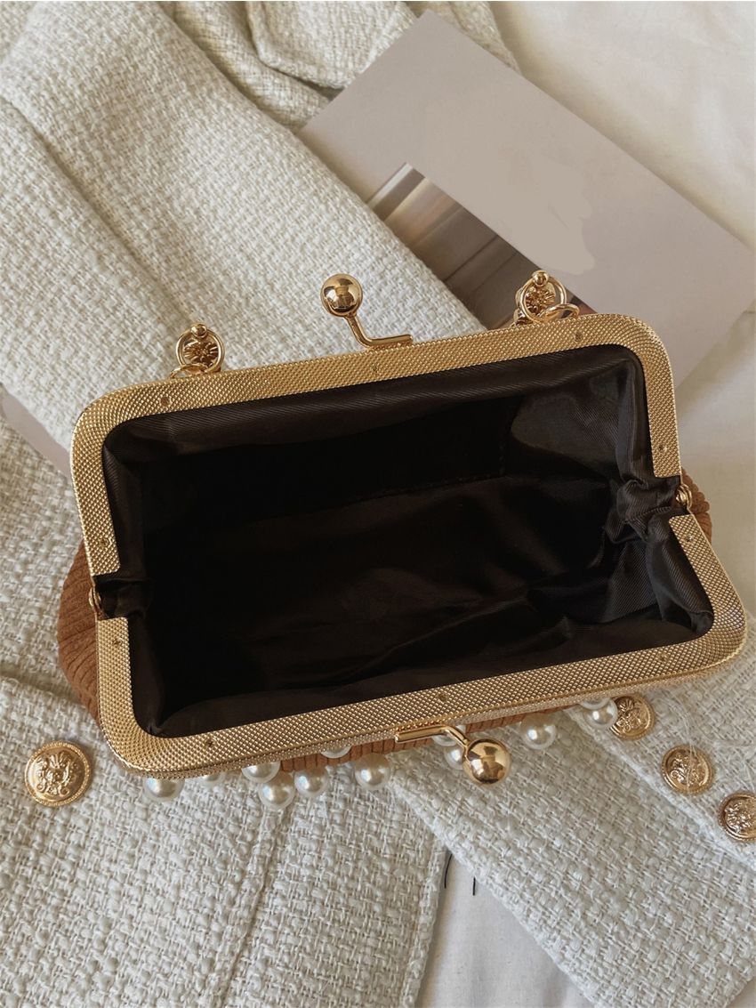 Faux Pearl Decor Kiss Lock Satchel Bag