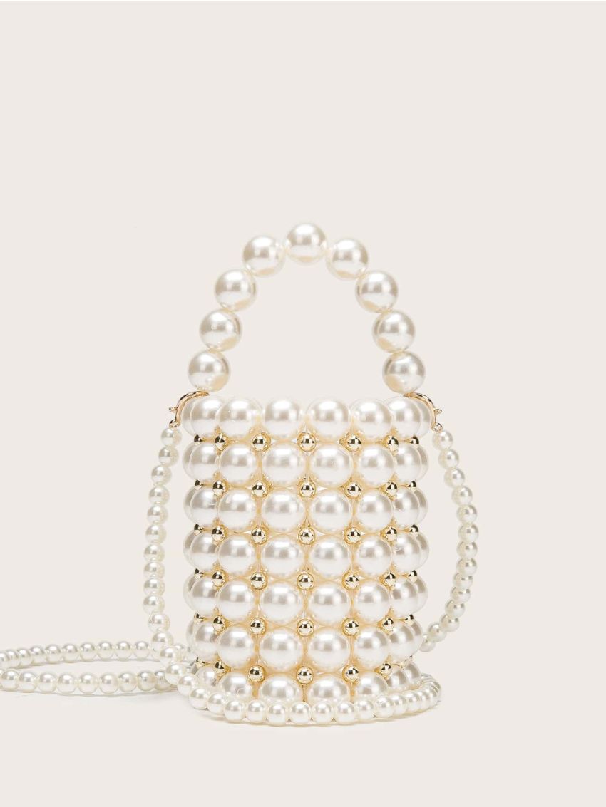 Mini 2 In 1 Faux Pearl Beaded Bucket Bag