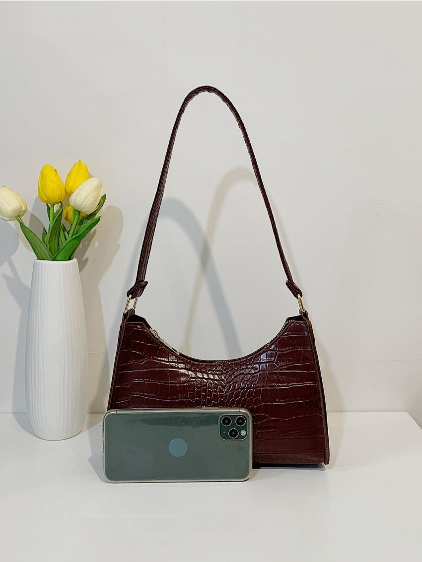 Crocodile Embossed Baguette Bag
