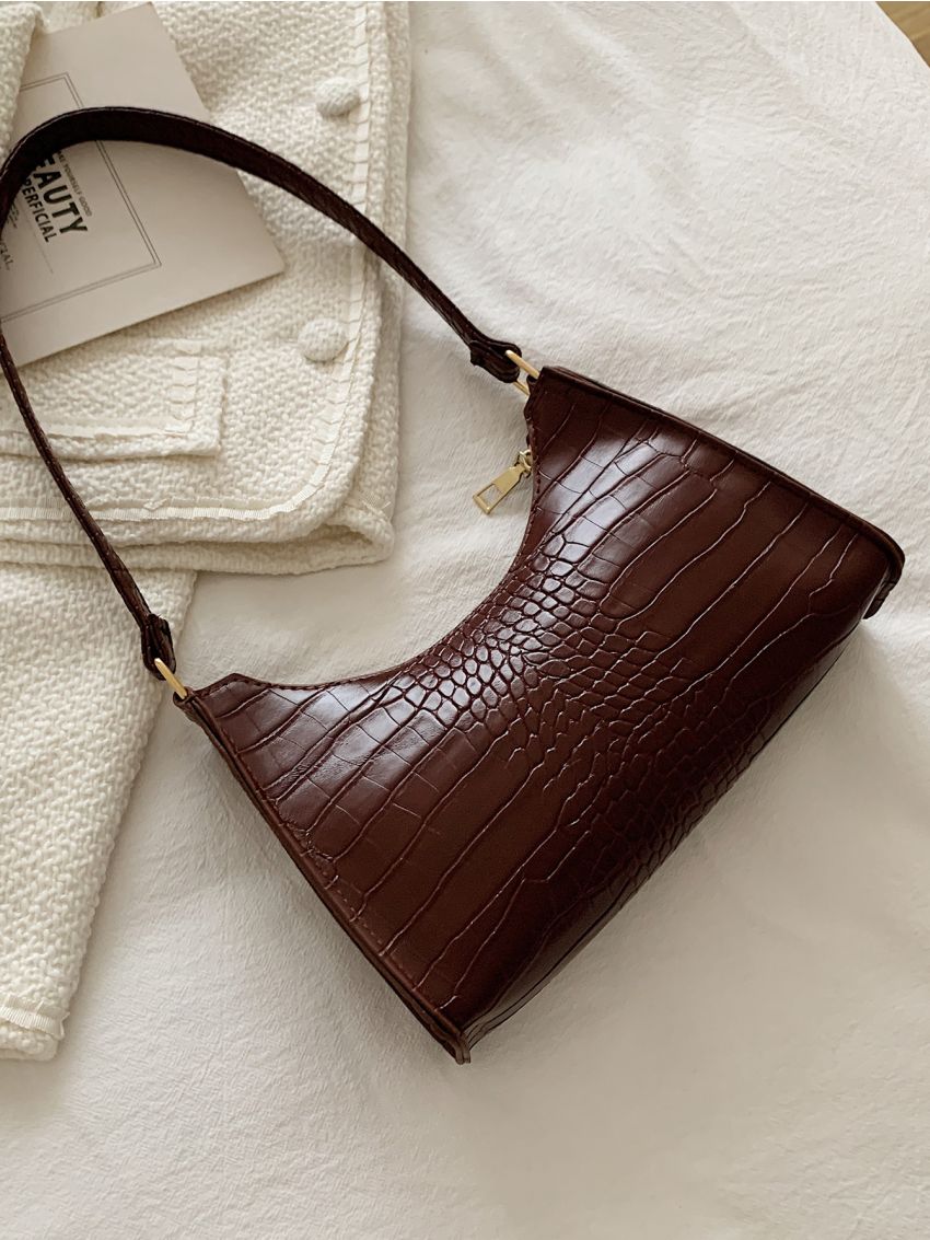 Crocodile Embossed Baguette Bag