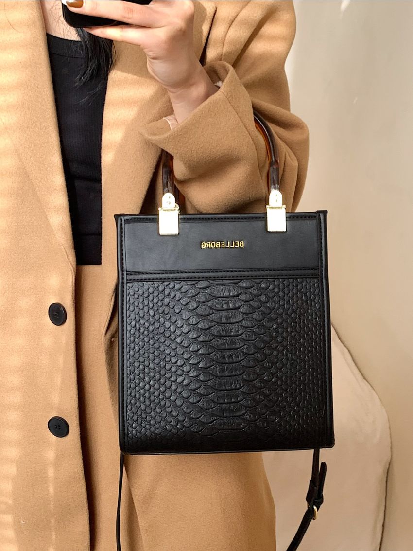 Letter Graphic Snakeskin Embossed Square Bag