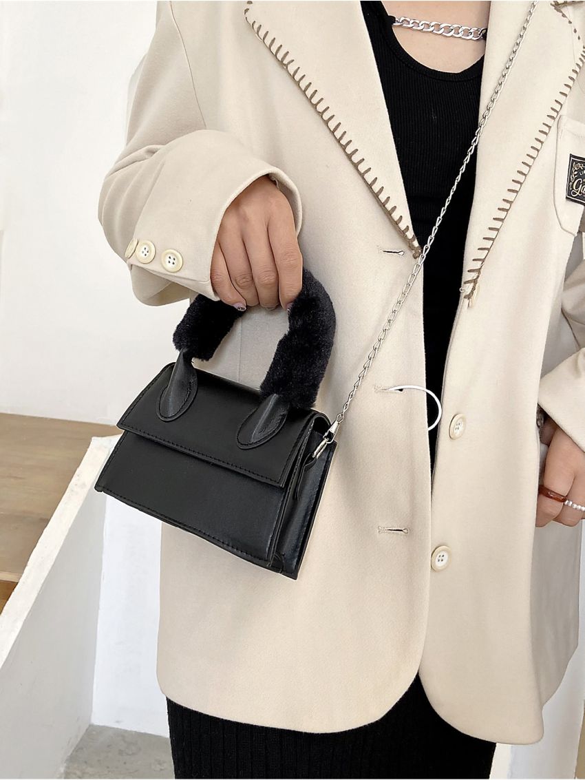 Mini Minimalist Fluffy Detail Flap Satchel Bag
