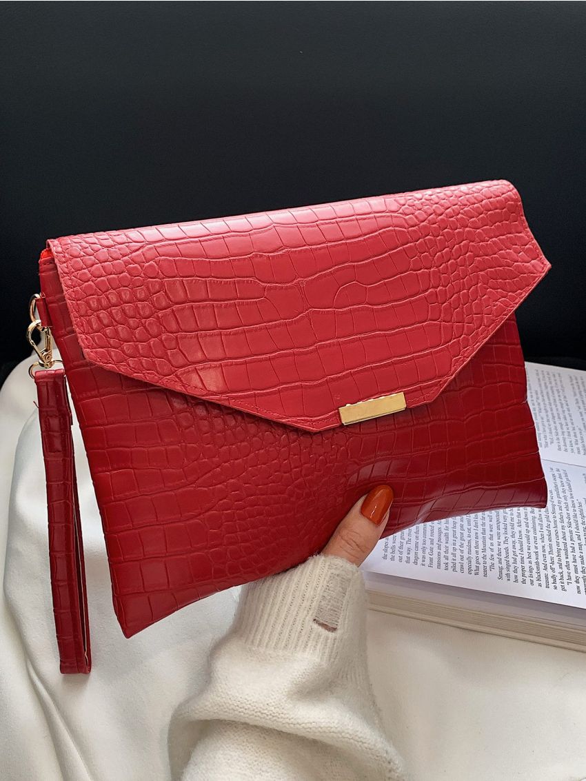 Crocodile Embossed Flap Clutch Bag
