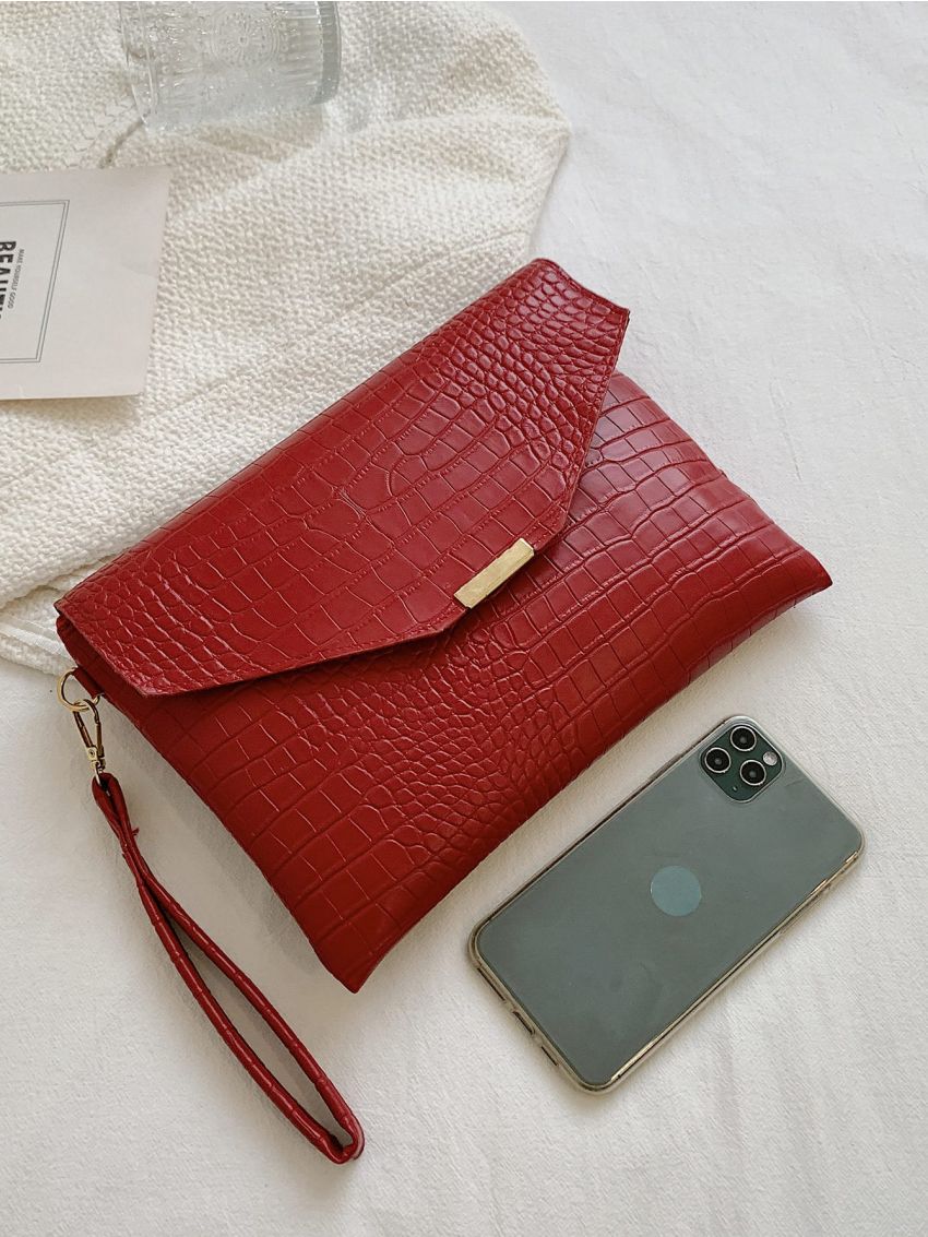 Crocodile Embossed Flap Clutch Bag
