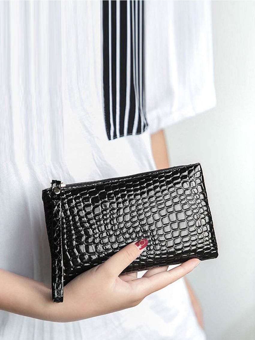 Artificial Patent Leather Crocodile Embossed Purse