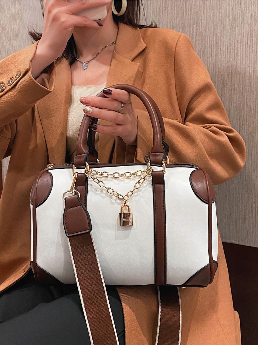 Lock Decor Two Tone Duffle Bag