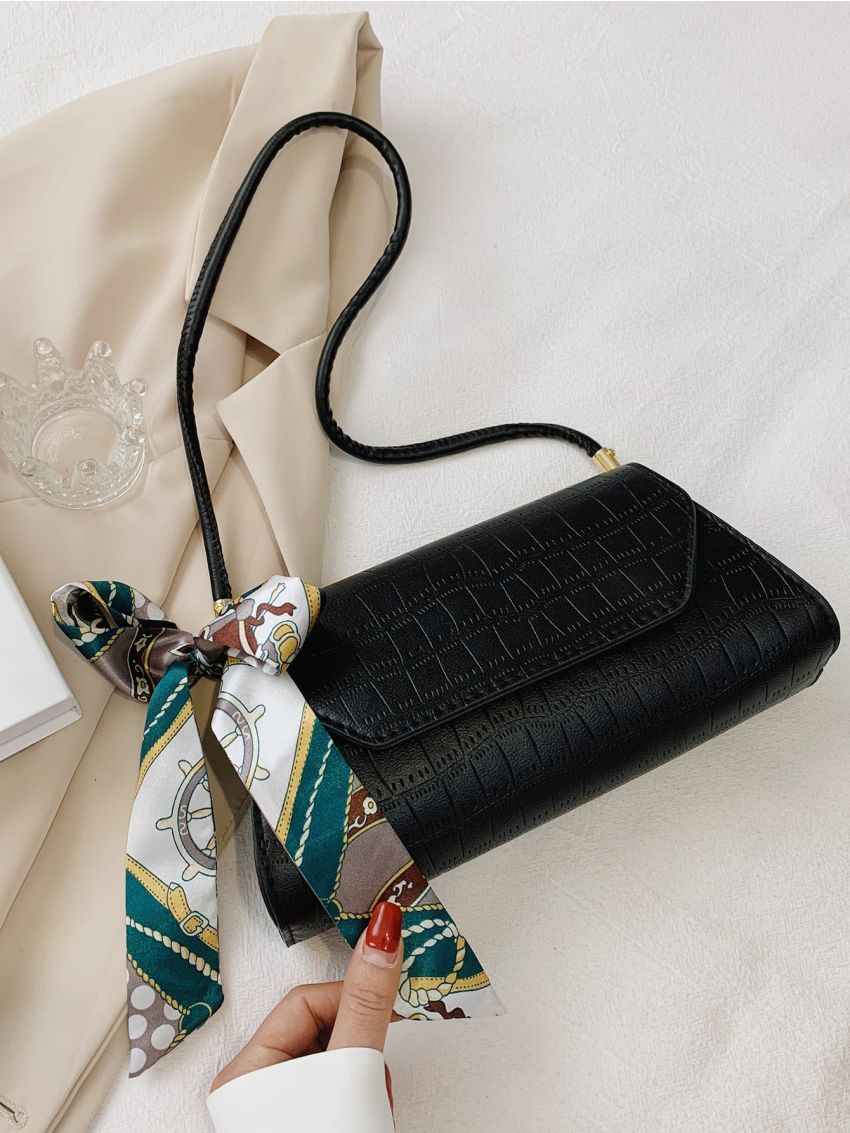Twilly Scarf Decor Croc Embossed Shoulder Bag