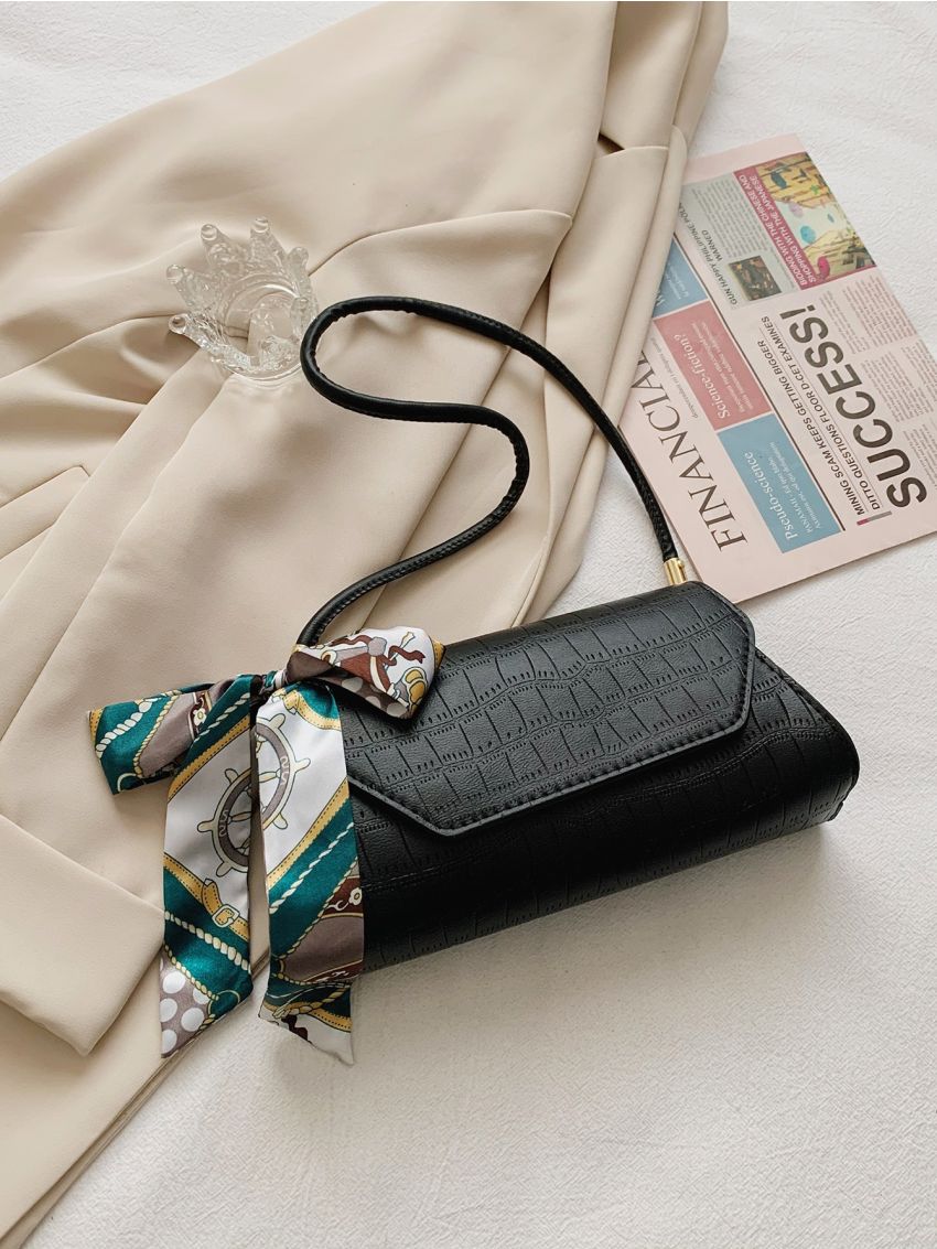 Twilly Scarf Decor Croc Embossed Shoulder Bag
