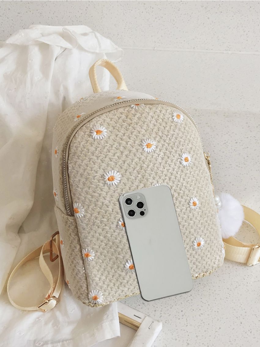 Daisy Embroidered Woven Backpack