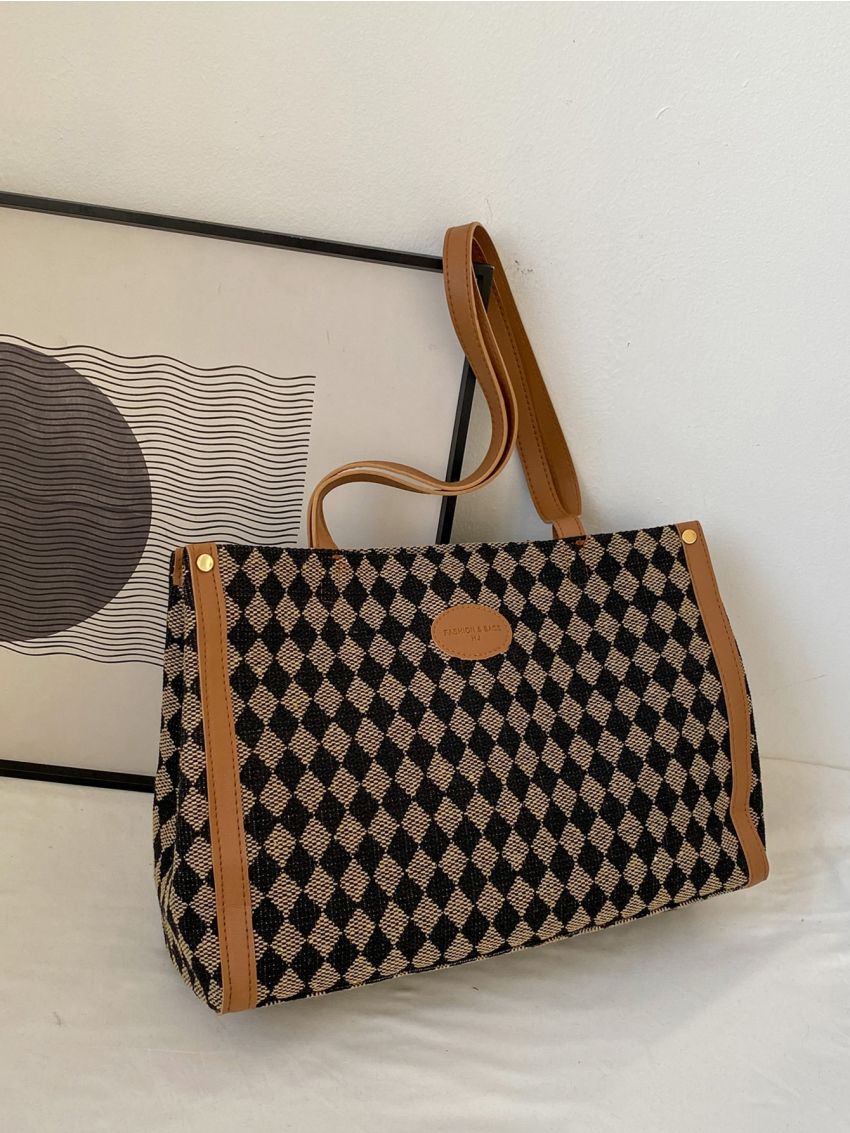 Colorblock Letter Patch Shoulder Tote Bag