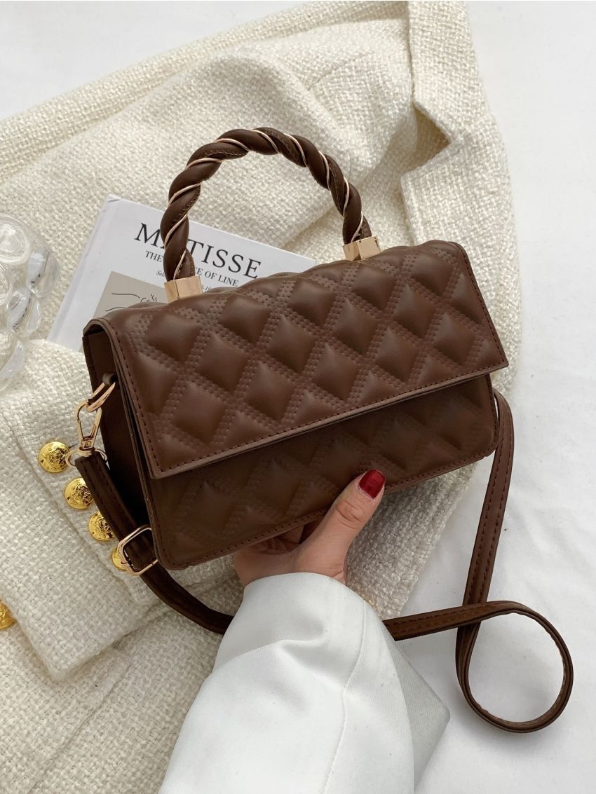 Braided Strap Detail Quilted Flap Square Bag