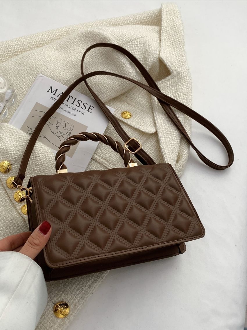 Braided Strap Detail Quilted Flap Square Bag