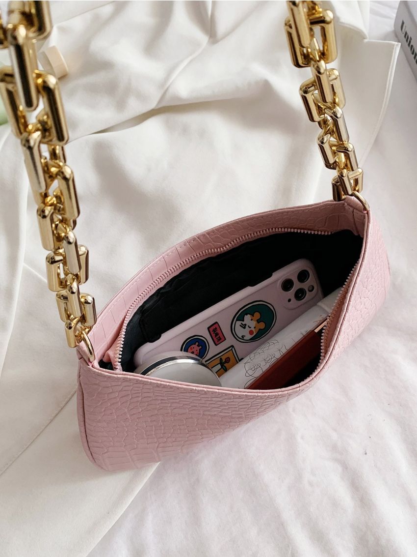 Minimalist Crocodile Embossed Imitation Metal Chain Baguette Bag