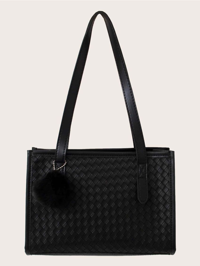 Pom-pom Charm Woven Shoulder Bag