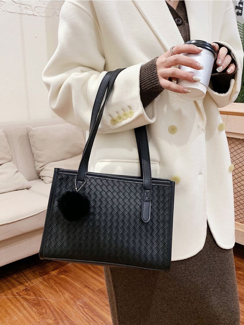 Pom-pom Charm Woven Shoulder Bag