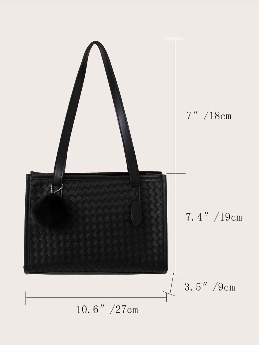 Pom-pom Charm Woven Shoulder Bag