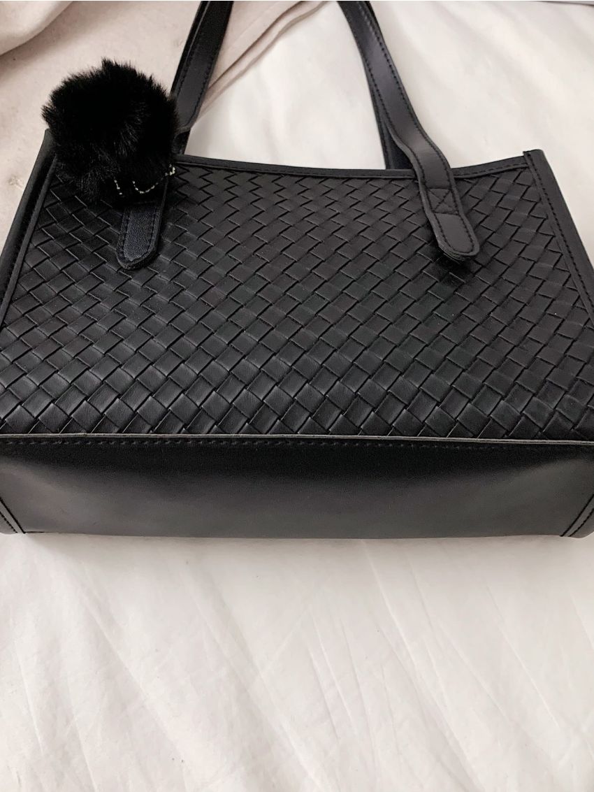 Pom-pom Charm Woven Shoulder Bag