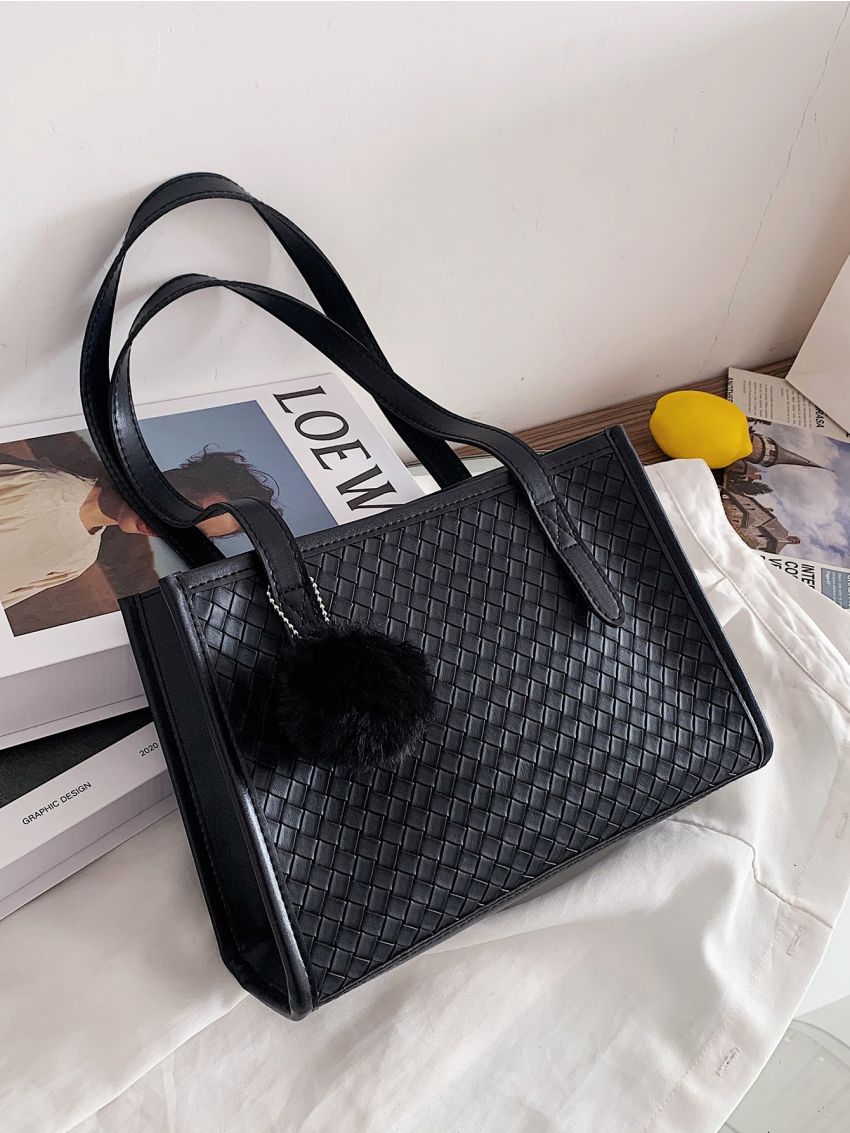 Pom-pom Charm Woven Shoulder Bag