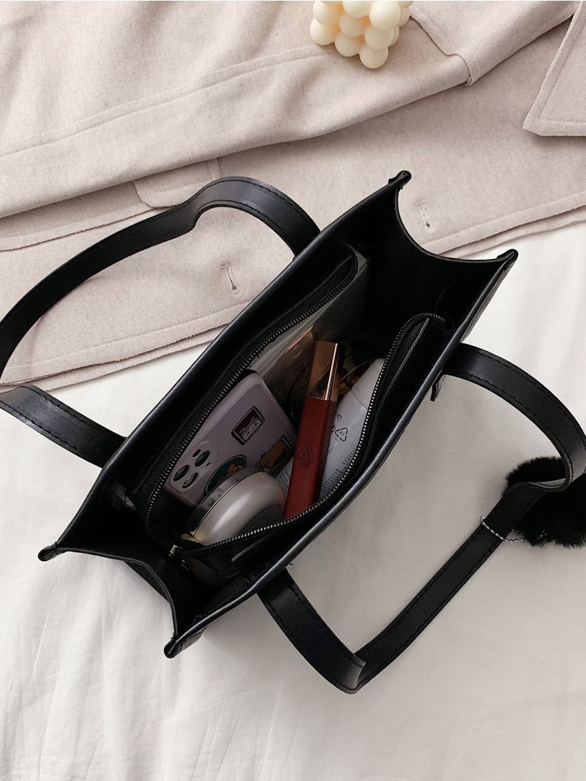 Pom-pom Charm Woven Shoulder Bag