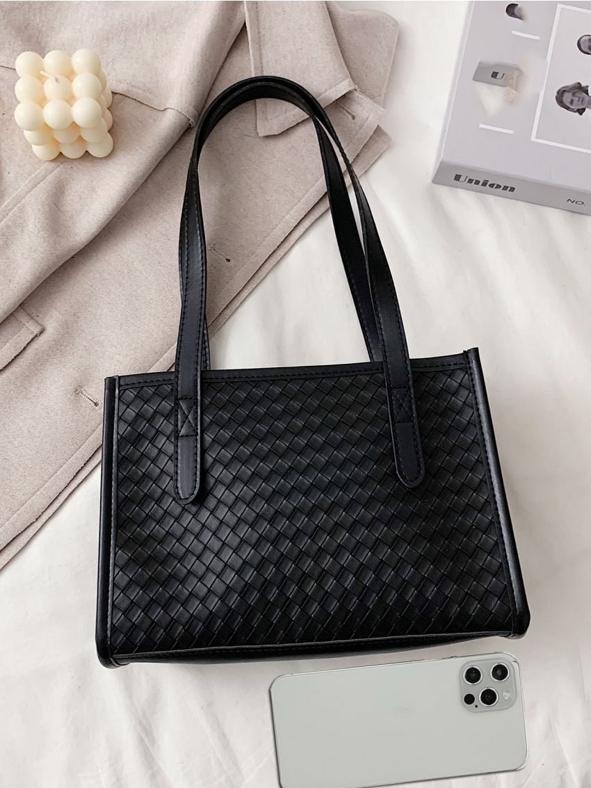 Pom-pom Charm Woven Shoulder Bag