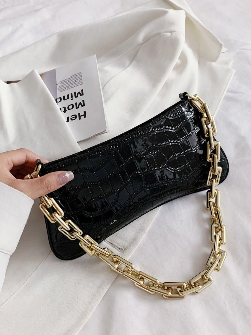 Croc Embossed Chain Shoulder Bag