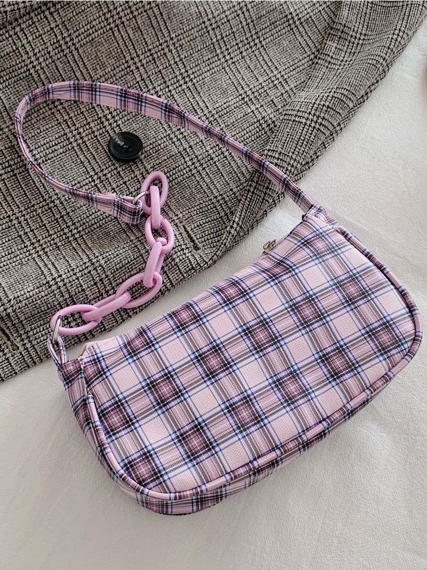 Plaid Pattern Baguette Bag
