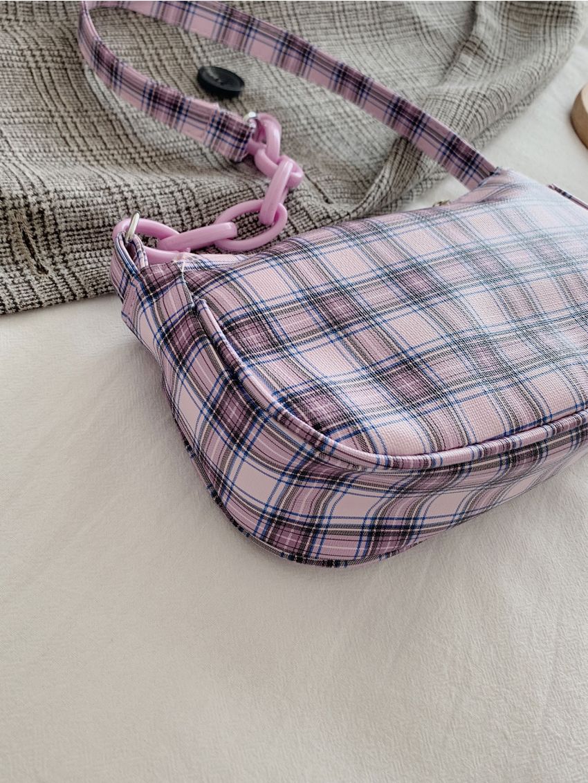 Plaid Pattern Baguette Bag