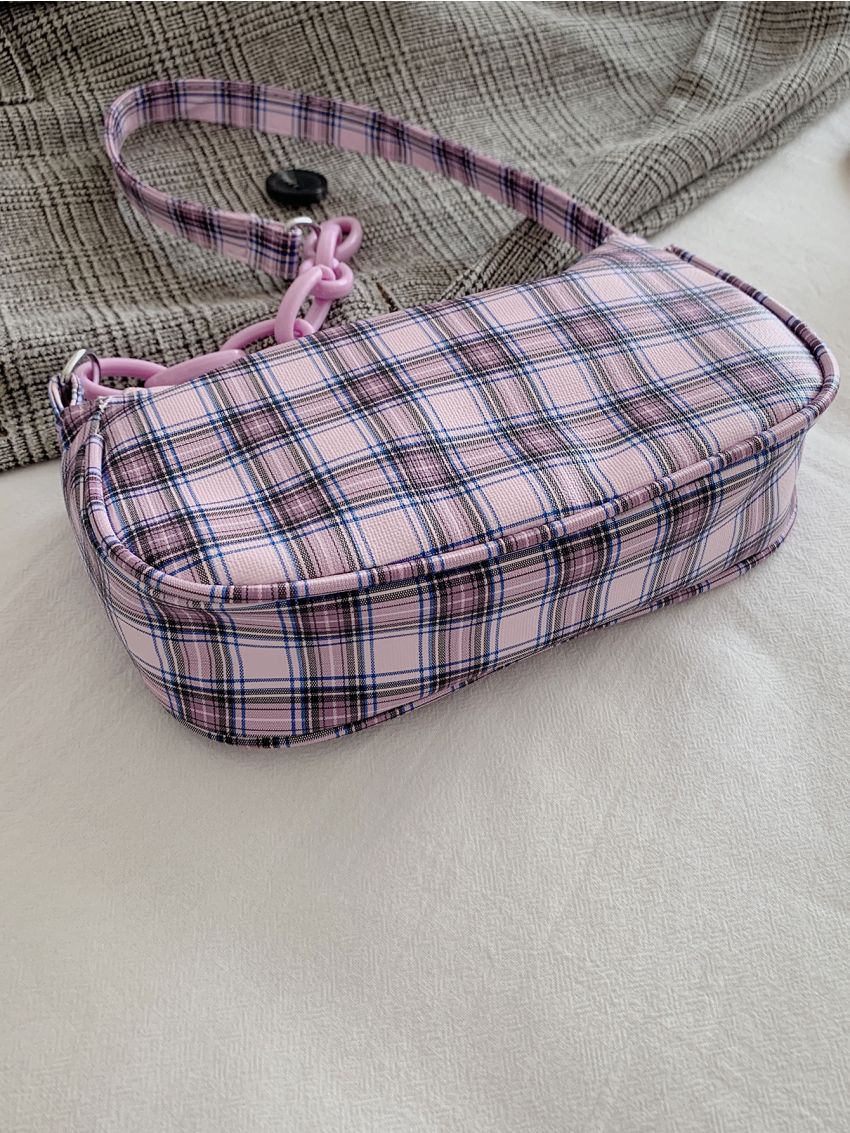 Plaid Pattern Baguette Bag