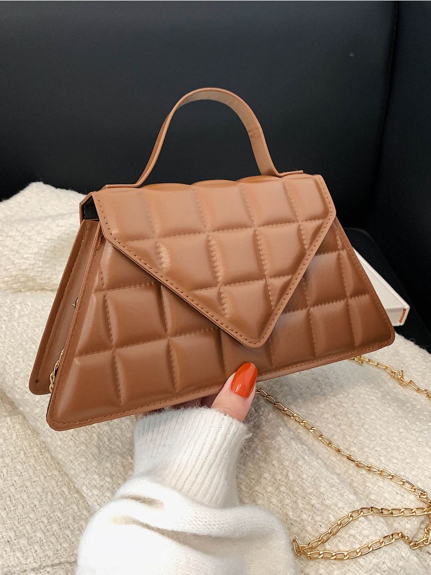 Plaid Snap Button Flap Trapezoid Bag