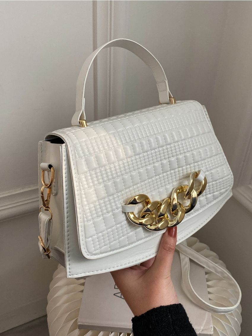 Chain Decor Textured Flap Satchel Bag