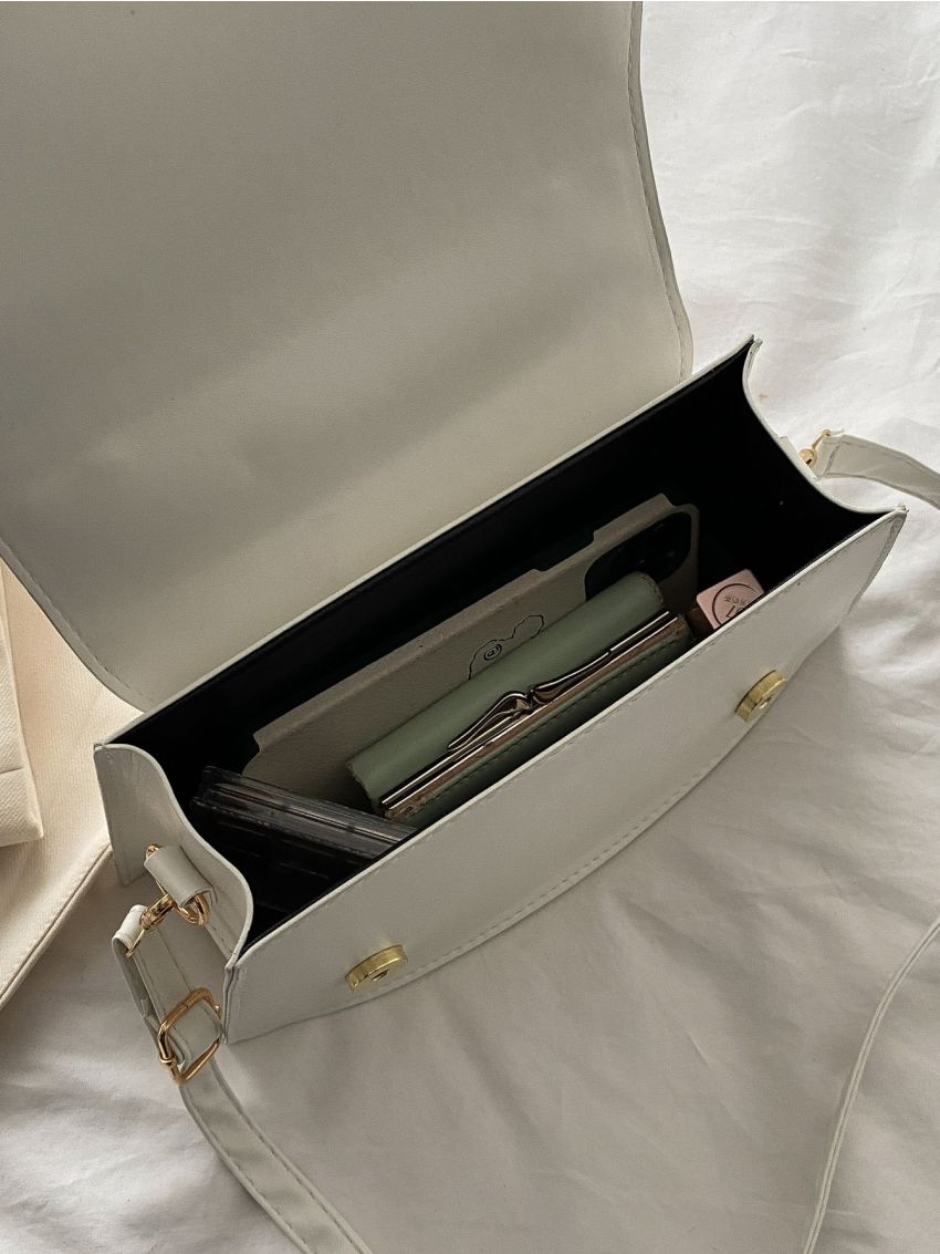 Chain Decor Textured Flap Satchel Bag