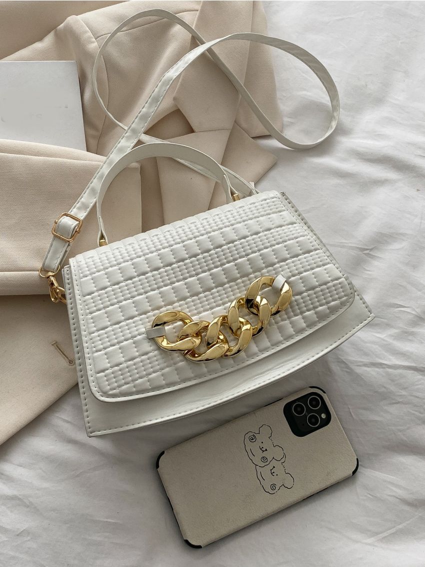 Chain Decor Textured Flap Satchel Bag