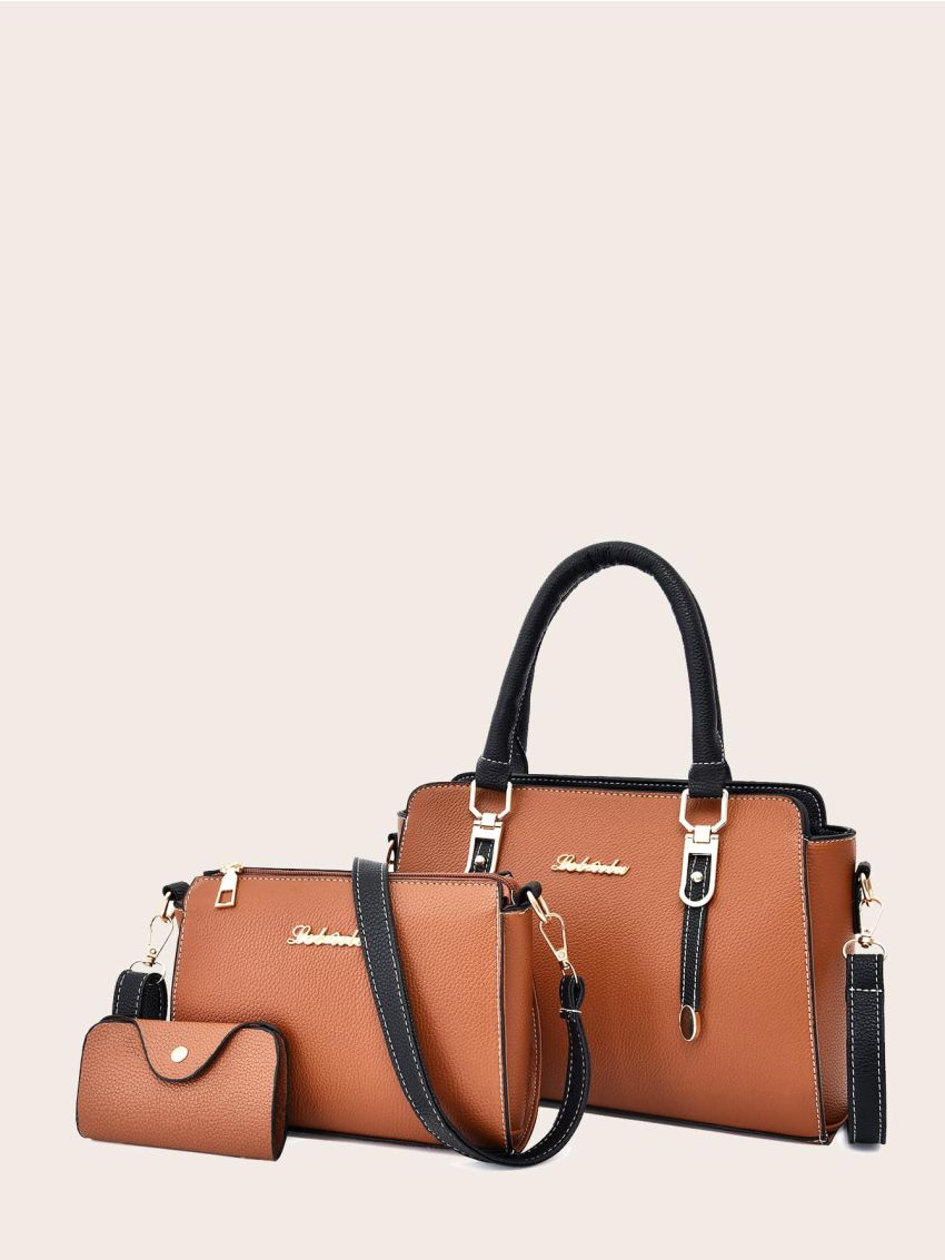 3pcs Metal Letter Decor Satchel Bag With Purse